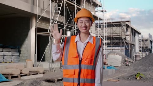 Asian Female Engineer Smiling To Camera And Waving Hand Saying Bye At Building Site