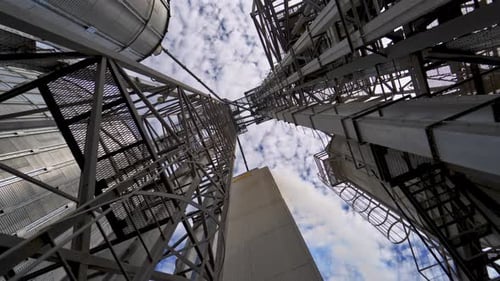 Industry. High metal stairs on the industrial plant. Modern territory for grain storage.