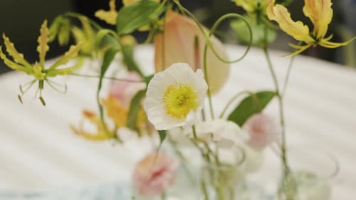 Flowers Closeup on a Table in a Restaurant Minimalistic Flower Bouquet Decor at a Wedding or Event
