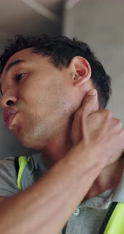 Stress, man and massage neck pain in construction for physical strain, burnout and work accident
