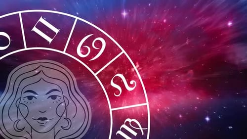 Animation of virgo star sign symbol in spinning horoscope wheel over glowing stars