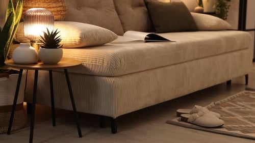 Cozy Corduroy Couch in a Plant-Filled Living Room