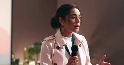 Workshop, speaker and business woman with presentation on leadership development in office