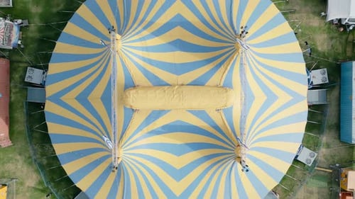 Circus Tent. Aerial footage of a circus tent in Tel Aviv, vividly showcasing a colorful canopy bustl