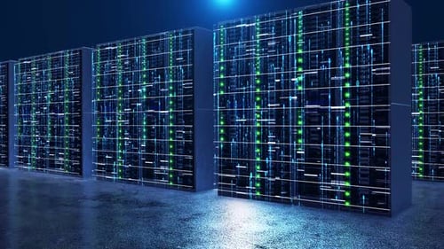 Animated Futuristic Server Racks with Digital Data Processing