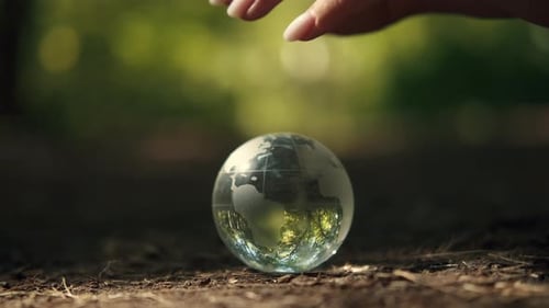 Hand Touches Glass Globe in Forest Environment