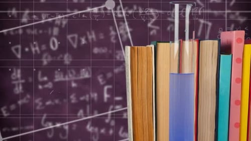 Digital composition of multiple books against mathematical equations on black background