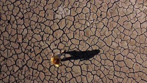 Spinning aerial view, looking down on a girl lost and disoriented on a dry and cracked landscape.