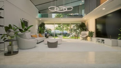 Modern White Interior With Beautiful Backyard View. Home Living Room Design