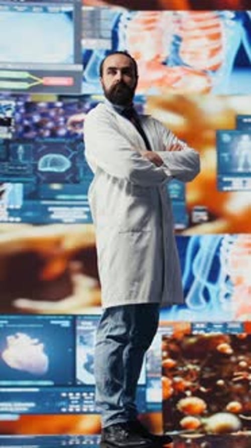 Bearded Scientist Stands Before Medical Monitors