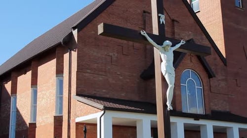 Crucifixion of jesus christ close up in modern catholic church faith and religion