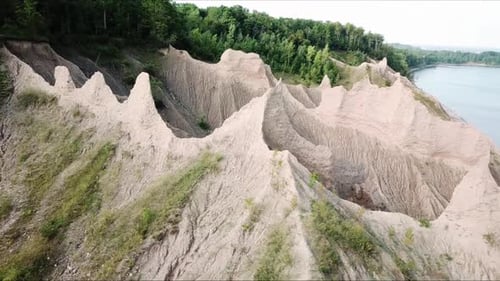 Aerial view of sand bluffs on side of lake.