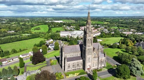 St. Cathedral, County Monaghan, Ireland, September 2022. Drone orbits counter clockwise around the G