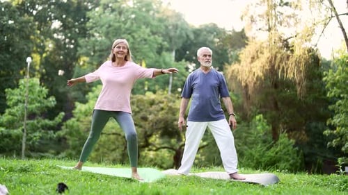 Active old senior married couple does gymnastics while standing on a mat in an urban city park.