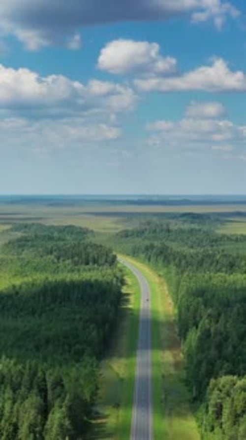 Aerial top view of country road in forest