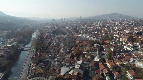 Aerial Footage of Sarajevo and National Library the Shot is Flying Over Vijecnica Library with a