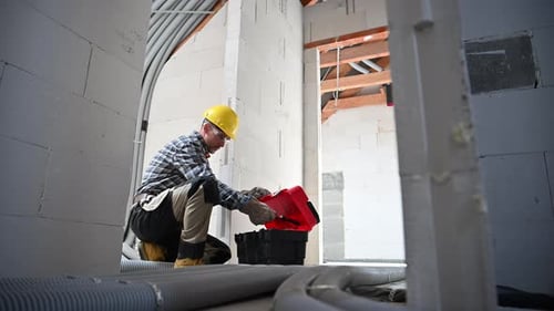 Construction Worker Organizing Tools in New Building Site at Midday