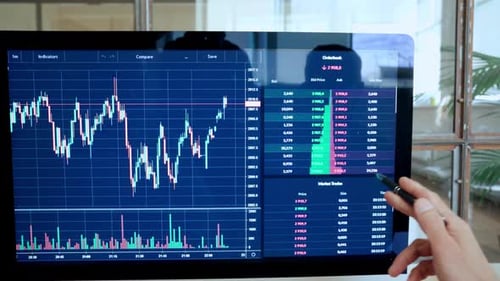 Financial advisors analyze cryptocurrency trading charts for investment growth forecast