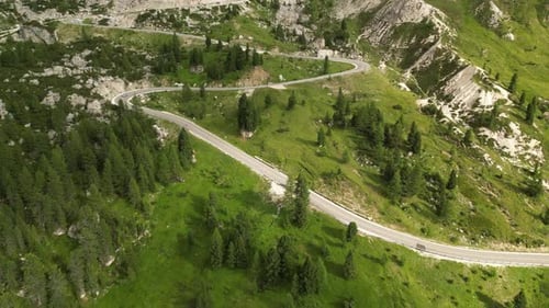 Mountain Pass At Dolomite Alps Near Cinque Torri Hike In Italy. Aerial Drone Shot