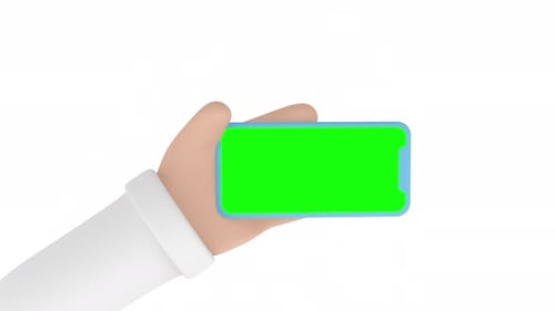 Mão minimalista de desenho animado 3D segurando um smartphone horizontal com tela verde para mockups