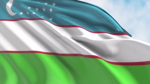 Uzbekistan National Flag Waving Realistically In Wind