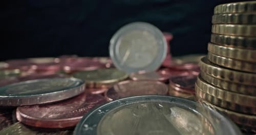 Close Up of Various Euro Coins on Table Concept of Banking Cash Operations
