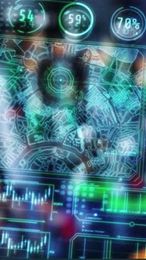 Animated Futuristic User Interface with Map and Data Scans