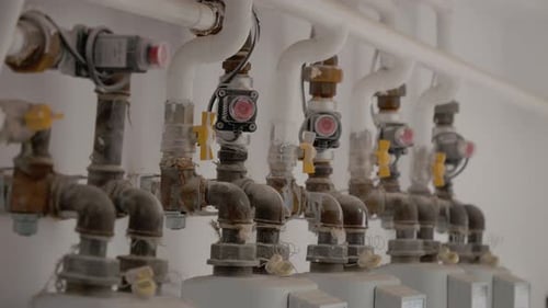 Gas meter and pipe installation in staircase of flat building