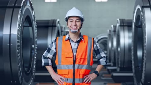 Asian Male Engineer Smiling To Camera While Standing With Arms Akimbo In Metal Factory