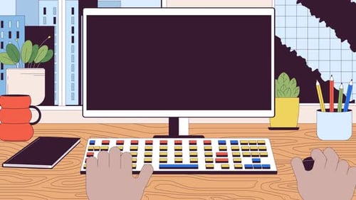 Black office employee at computer line 2D animation
