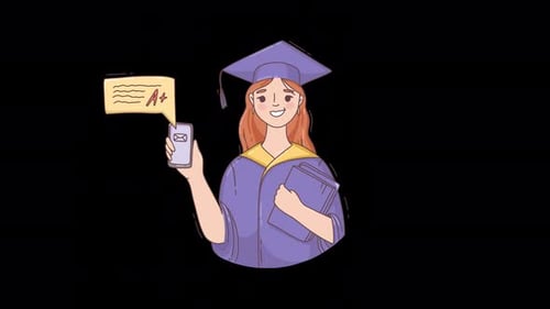 Animated Graduate Student with Smartphone and Achievement Message