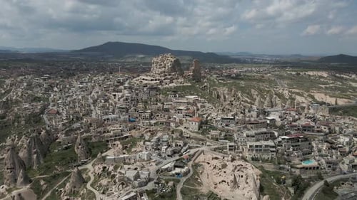 Aerial view of Uchisar Castle in Uchisar old town, Cappadocia, Turkey.