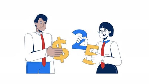 Animated Flat Design Illustration of Two People with Twenty-Five Dollar Sign