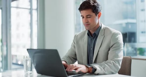 Laptop, professional and business man in office for working on online project