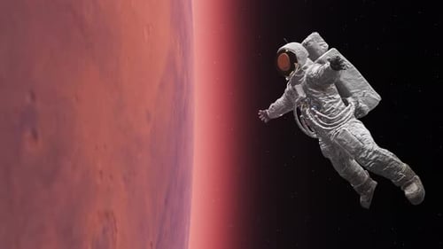 Astronaut fliegt im Weltraum um den Mars