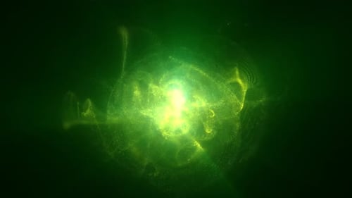 A glowing green sphere energy pulse set against a dark background