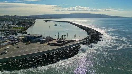 Aerial View of King Harbor Yacht Club Marina and Redondo Beach Breakwater, California USA