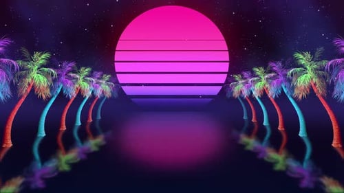Retro Synthwave Travel Background with Neon Palm Trees and Sun
