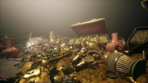 Sparkling Gold Coins and Ancient Treasure Falling into a Pile