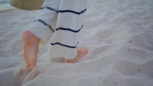 Woman Feet Stepping Sand Beautiful Shoreline Closeup Traveler Walking Beach