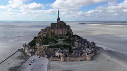 Aerial footage of Mont-Saint-Michel tidal island in Normandy, France