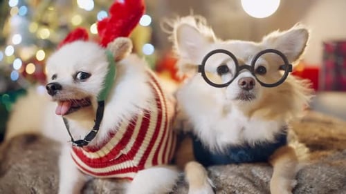 lindo perro chihuahua y pomerania blanca llevan elegantes gafas a la moda, sonríen y se sientan alegremente