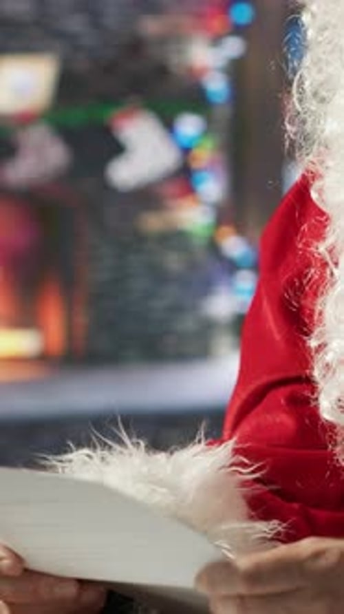 Santa Claus Reads Letter by Warm Fireplace