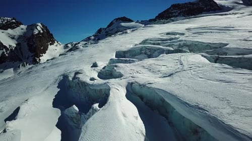 View of a glacier in the swiss Alps, Saas Fee. Blue sky behind the mountains.