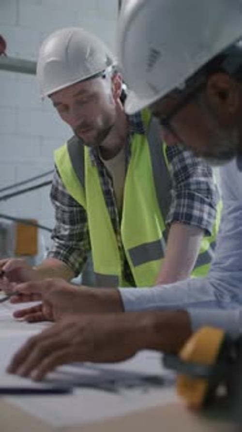 Contractor Discussing Architectural Plans with Engineer at Building Site
