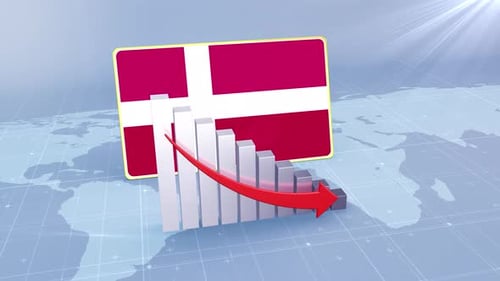 Denmark Flag With Decrease Bar Chart Graph And Arrow Red