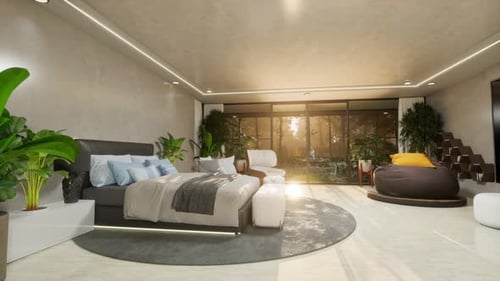 Modern Minimalist Bedroom with Garden View at Sunset