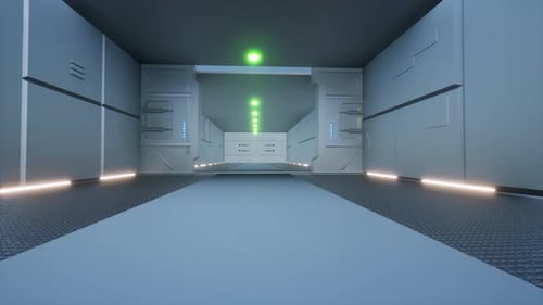 Langer Tunnel mit sich öffnenden Türen