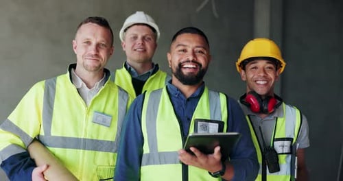 Construction Crew Smiles Proudly, Holding Plans and Tablet