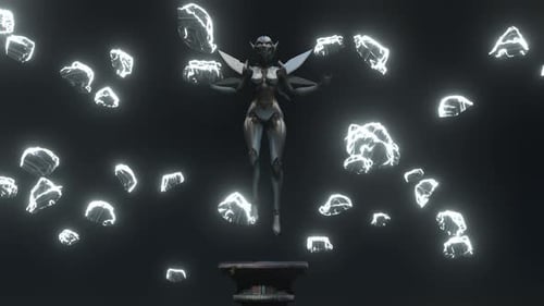 Futuristic Cyborg Figure with Glowing Energy Orbs